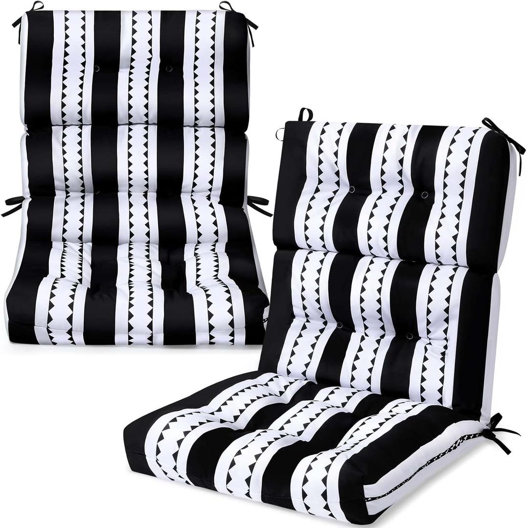 2 Pack High Back Outdoor Chair Cushions Bulk Waterproof Indoor Outdoor Chair Cushion Seat and Back Rocking Chair Cushion Thickened Patio Chair Pad for Indoor and Outdoor (Classic Strip)
