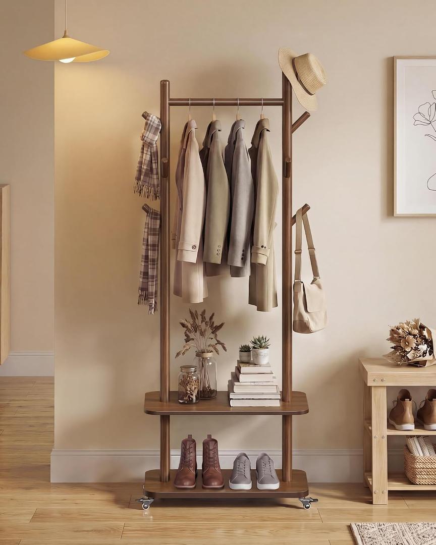 VASAGLE Freestanding Coat Rack with Wheels, 7 Wooden Hooks, 2 Shelves
