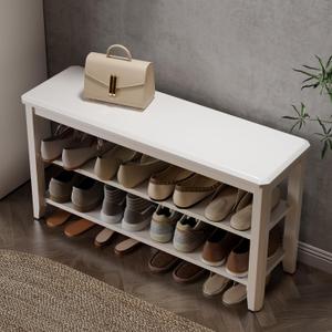 AQIMUELE Wood Shoe Rack Bench for Entryway, 2 Tier Shoe Rack for Front Door Entrance, Shoe Bench with Shoe Storage for Entryway, Bedroom, 39.4" (White-wood Seat)