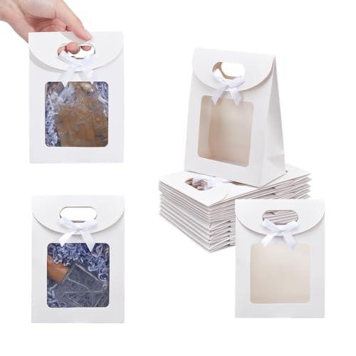 NBEADS 24 Pcs Small White Kraft Paper Bags with Window, 6.3x4.72x2.44inch Stand Up Gift Bag with Handles and Bowknot for Cookies Packaging Wedding Christmas Party Store Retail