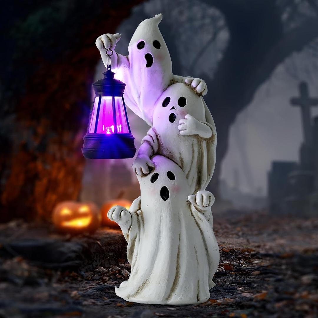 Triple Ghosts Halloween Decorations Outdoor with Solar Lantern,Cute Spooky Halloween Ghost Figurines,Ghost Decor Outside Decor for Yards Porches Gardens Lawn Party