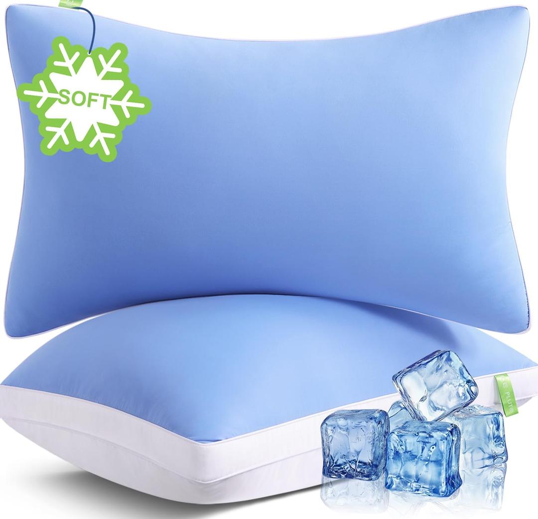 Pillows Queen Size Set of 2 Soft, Luxury Hotel Down Alternative Bed Pillows 2 Pack for Side Back Stomach Sleepers, Gusseted Supportive, Machine Washable, Cooling Blue, 20" x 30"
