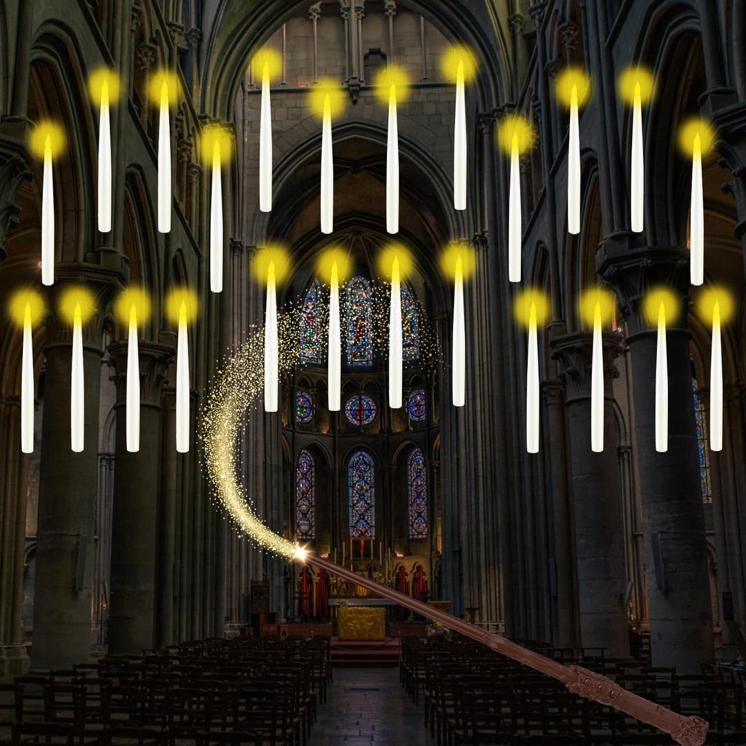 Christmas Decorations, 24PCS Floating Candles with Wand, Hanging Candles with Remote Wand, Warmwhite Flickering Flameless Magic Floating Candle Lights for Halloween Christmas Party
