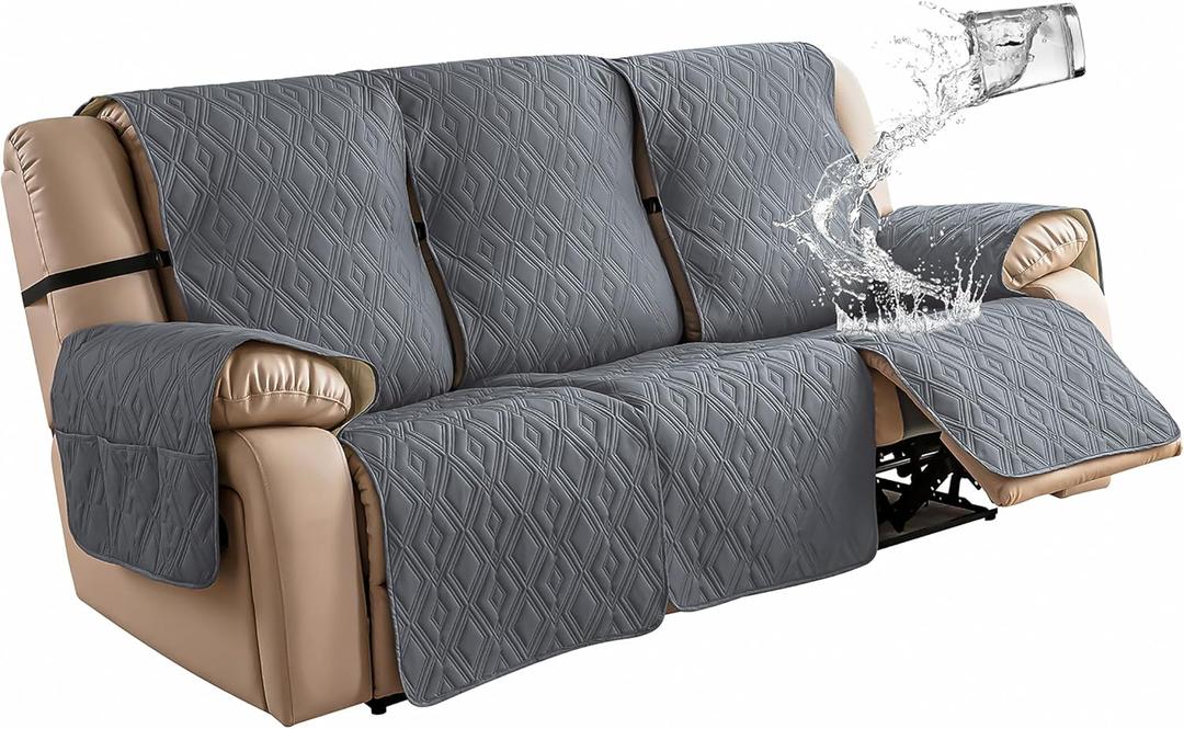 Genina Waterproof Couch Cover for Reclining Couch 3 Seat Recliner Sofa Covers, Non-Slip Recliner Couch Cover Furniture Protector with Elastic Straps for Pets, Dogs (Dark Gray, Recliner Sofa)
