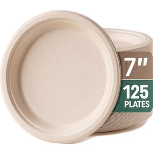Monarchef Disposable Plates, Sturdy and Durable Compostable Paper Plates - Heavy Duty, Eco-Friendly, Biodegradable, Unbleached, Sugarcane Bagasse Dinner Plate, Pack of 125-7 Inch