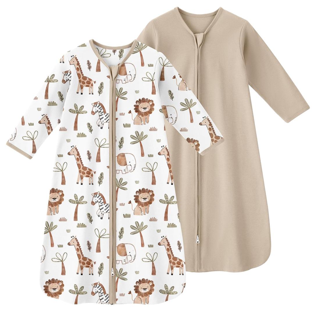Baby Sleep Sack 12-18 Months, Long Sleeve Baby Wearable Blanket 0.5 Tog with Mittens, 2-Way Zipper Toddler Cotton Sleeping Sack for Boy and Girl Khaki Animal 2 Pack (Large)