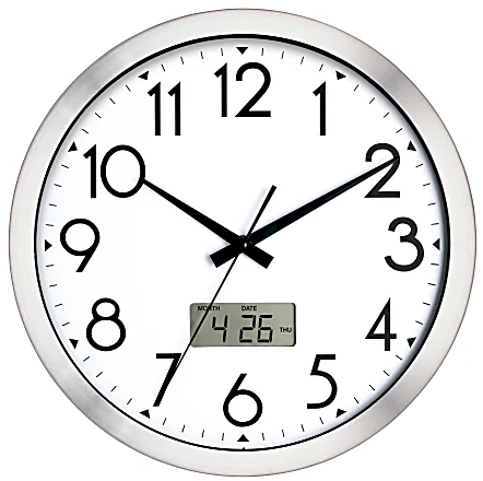 Wall Clock, 14" Large Dial Non-Ticking Silent Battery Operated Analog with LCD Display for Perpetual Calendar and F Temperature, Ideal Modern Home, Bedroom, Kitchen, Office Decor (Silver)