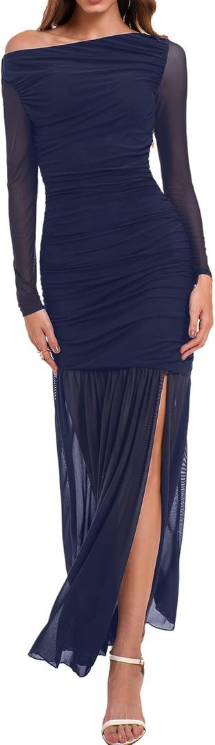 HYPERFIRE Women's Formal Wedding Guest Dresses Mesh Long Sleeve Off The Shoulder Asymmetrical Maxi Dress (Navy Blue), Medium