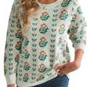 Saodimallsu Womens Long Sleeve Floral Sweaters Fall Crew Neck Casual Loose Knitted Pullover Tops (Large, Beige)