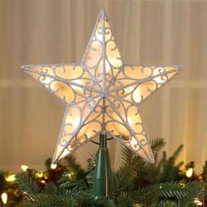 Brizled 9.5 Christmas Star Tree Topper, Glittered Silver Treetop, 3D Christmas Tree Topper with 10 Lights, UL Certified Lighted Xmas Star Topper for Xmas Holiday Home Decorations