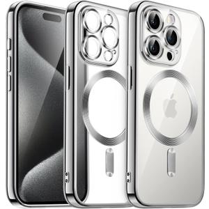 JETech Magnetic Case for iPhone 15 Pro 6.1-Inch, Camera Lens Full Protection, Compatible with MagSafe Wireless Charging, Shockproof Electroplated TPU Soft Clear Phone Cover (Silver)