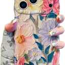 UEEBAI Case for iPhone 17 Pro Max, Colorful Retro Oil Painting Flower Case Pretty Glossy Pattern Wave Cover Cute Sparkly Floral Curly Cover Stylish Shell for Women Girl, Purple Pink