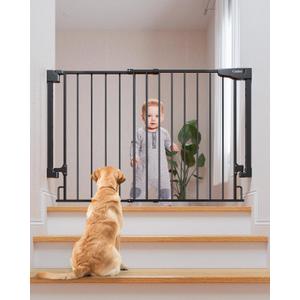 Cumbor 29.2-43" Baby Gate for Stairs, Wall-Mounted (Drill Required), Expandable No Bottom Bar Dog Gate, Auto Close Extra Wide Walk Thru, Pet & Toddler Proof Gate, Top & Bottom of Stairways(Black)