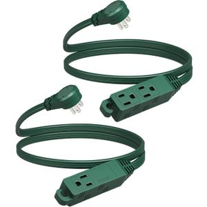 DEWENWILS 3 Outlet Flat Extension Cord Plug Christmas, 3FT 16/3 Awg Grounded Power Cable for Indoor Use, SPT-3 Cord, Green, ETL Listed, 2 Pack