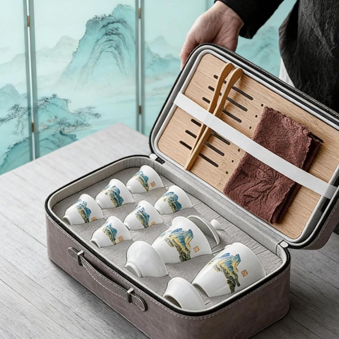 Gongfu Chinese Tea Set | Ceramic Gaiwan Set,Complete Portable Gongfu Tea Set with Travel Case - Traditional Chinese Tea Gift Set for Home, Office, Travel & Zen Ceremony