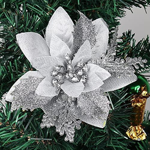 RECUTMS 10 Pieces Christmas Glitter Artificial Poinsettia Flowers Artificial Wedding Flowers Decorations Xmas Tree Ornaments 6-inch Decor Wreath Garland Holiday(Silver)