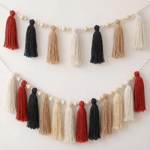 2 Pcs Tassel Garland with Wood Beads, 6.89 ft Handmade Cotton Yarn Wall Hanging Banner Boho Tassel Wall Party Decor for Nursery Baby Shower Classroom Birthday Home Decoration(Retro)