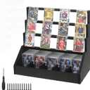 Trading Card Display Stand with Card Stoppers - 3 Tier 5 Row Wooden Step Shelf, Large Capacity Tabletop Display Storage Case for Graded Cards & Collectible Cards