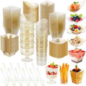 160 Pcs Mini Appetizer Plates Dessert Cups Spoons Forks Set Dessert Containers Assorted Shape Plastic Parfait Cups Disposable Spoon Forks for Party Serving (Gold)