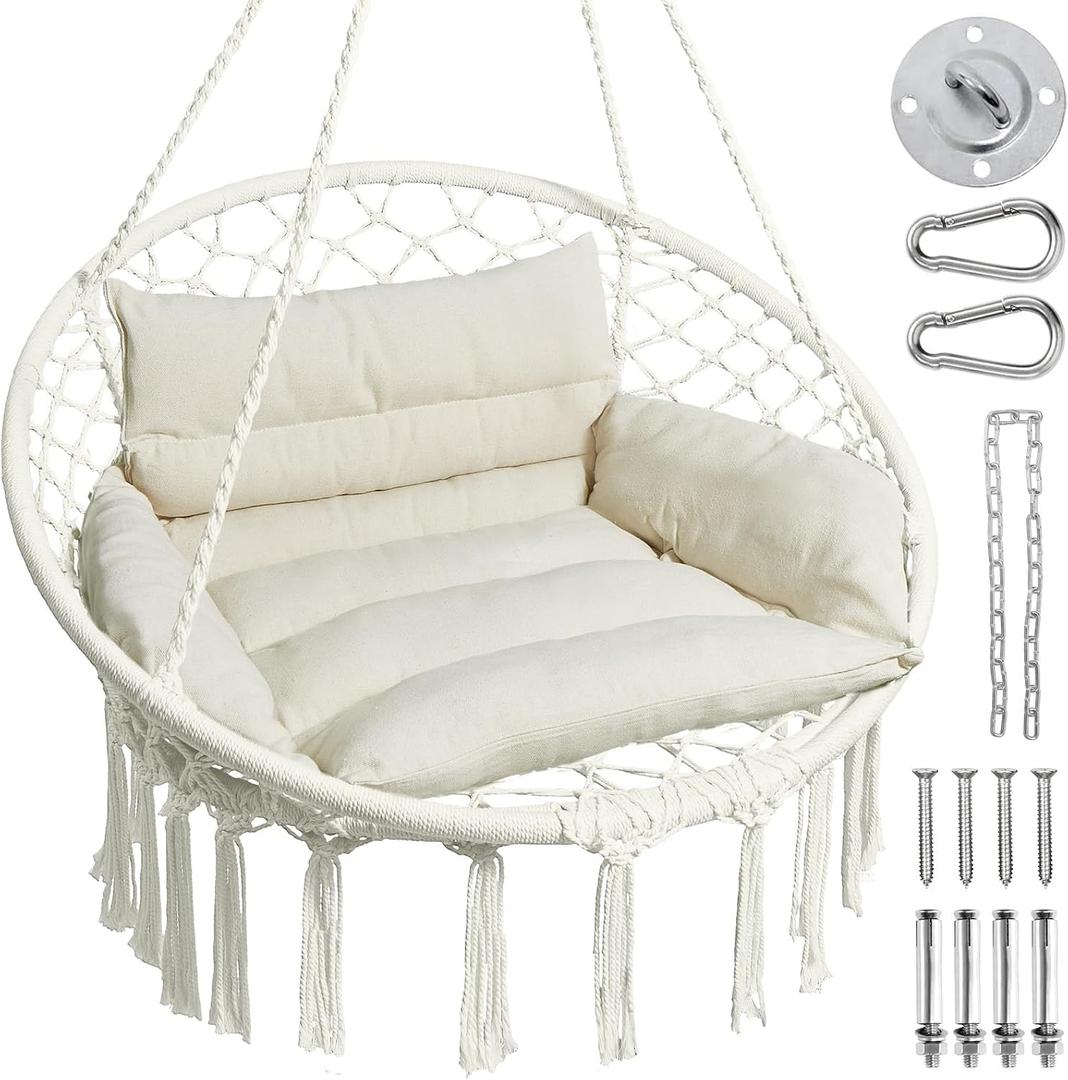 Greenstell Hammock Chair, Macrame Swing Chair with Comfy Cushion, Boho Hanging Chair for Outdoor & Indoor, Perfect for Bedroom, Patio, Balcony, Hold up to 350Lbs, White