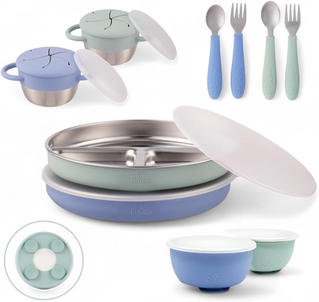 Elk and Friends Kids Stainless Steel Mealtime Bundle | Plates, Bowls, Snack Cups + Toddler Utensils | Silicone Suction Sleeves + Travel Storage Lids | For Meals + Snacks | Dishwasher Safe