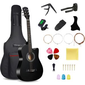 38inch Wood Acoustic Guitar, 6 Steel-String Acoustic Guitar With Guitar Bag, Elementary Tutorial of Folk Guitar for Beginners and Adults. (Black)