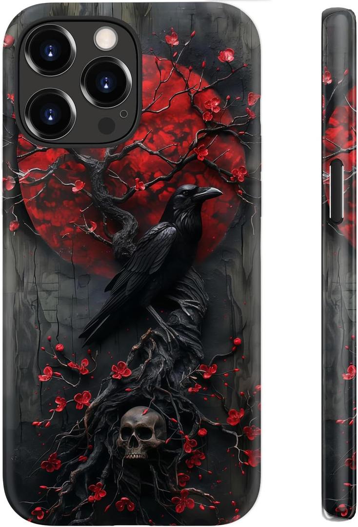 for iPhone 14 Pro Max Case CuteWireless Charging Compatible Dual-Layer Hard Shell + Silicone Cover - Trendy Wildflower Design Protective Phone Case for Women - Goth Fantasy Raven