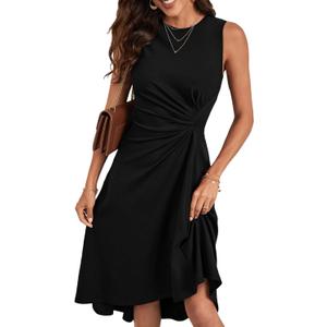 Happy Sailed Midi Dresses for Women Date Night Summer Sleeveless Empire Ruched Waisted Slim Fit Irregular Hem Flared A-Line High Low Cocktail Party Dress Black X-Large