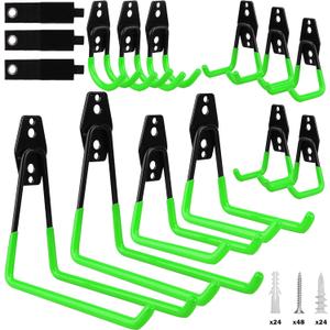 15-Piece Garage Wall Hooks with 3 Extension Straps, Green Heavy Duty Tool Storage Rack for Ladder, Bike, Shovel, Garden Tools, Metal Wall Mount Organizer Set