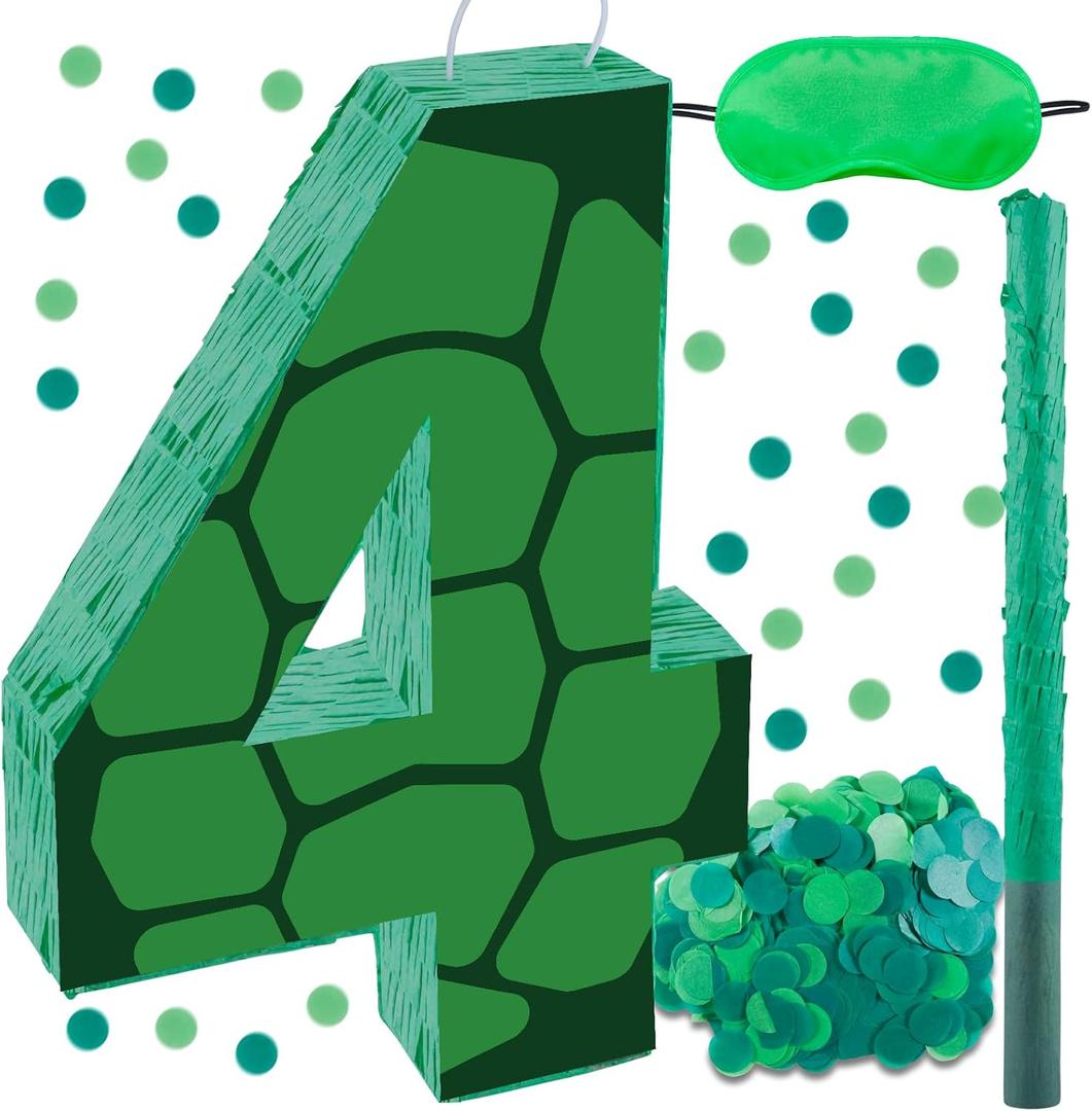 16 Inch Turtle Number 4 Pinata, Turtle Birthday Decorations, Turtle Theme Pinata with 16 Inch Stick Blindfold Confetti for Boy Girl Kids 4th Birthday Party Supplies(4th)