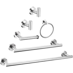 6 Pieces Brushed Nickel Bathroom Hardware Accessories Set Hand Towel Ring 16&23.6 inch Round Towel Bar Silver Toilet Paper Holder Towel Hooks 2 Pieces SUS 304 Stainless Steel,Heavy Duty,Wall Mounted