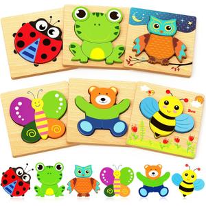 Bekayshad Wooden Puzzles Toddler Toys Gifts for 1 2 3 Year Old Boys Girls, Animal Jigsaw Puzzles Montessori Toys, Learning Educational Christmas Birthday Gifts for Girls Boys Ages 1-3 (6pcs)