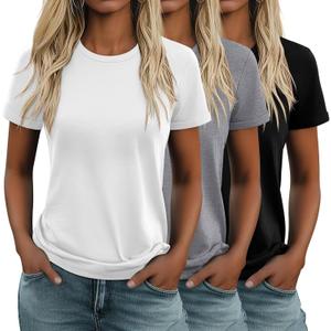 Huukeay 3 Pack Women's Cotton T Shirts Casual Short Sleeve Tunic Tops Crewneck Summer Loose Fit Plain Basic Tee (Large, Black, White, Gray)