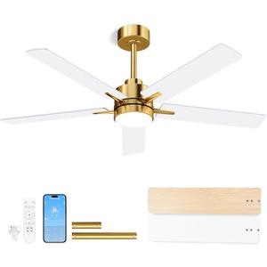Metal Ceiling Fan with Lights and Remote, 52 Inch, Gold & White