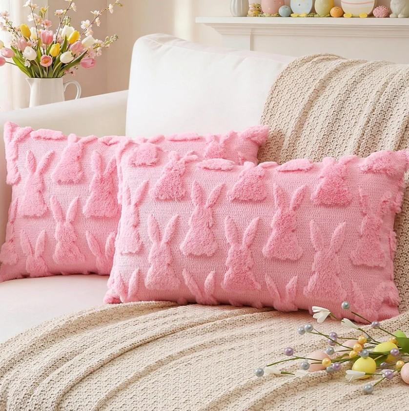 Artscope Easter Bunny Pillow Covers 12x20 Set of 2 Decorative Easter Rabbit Throw Pillow Cases Soft Plush Faux Fur Couch Cushion Case for Holiday Sofa Bed Room Home Decor-Pink