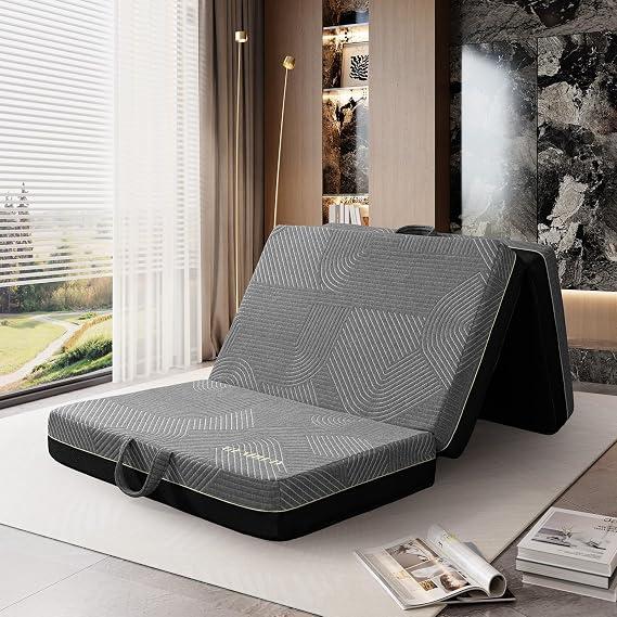 GEMBED Tri Folding Mattress Full Size - 6 Inch Foldable Floor Sofa Bed | Memory Foam Tri-fold Handle & Non-Slip Bottom, Portable Foldable Sofa Bed Floor for Travel RV Camping Yoga - 73"x52"x6" Grey, Full-6 Inch