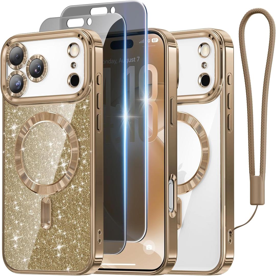 Meifigno Designed for iPhone 17 Pro Case with 2X Privacy Screen Protectors 6.3", [Glitter Card & Wrist Strap] [Compatible with MagSafe] Surround Lens Protection for 17 Pro Case Women, Desert Titanium