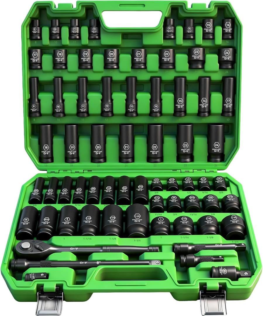 SWANLAKE 1/2" Drive Impact Socket Set, 66-Piece Standard SAE (3/8"-1-1/4") and Metric (8-24mm) Size, 6 Point, Cr-V, 1/2-Inch Drive Ratchet Handle, Extension Bar, Impact Universal Joint