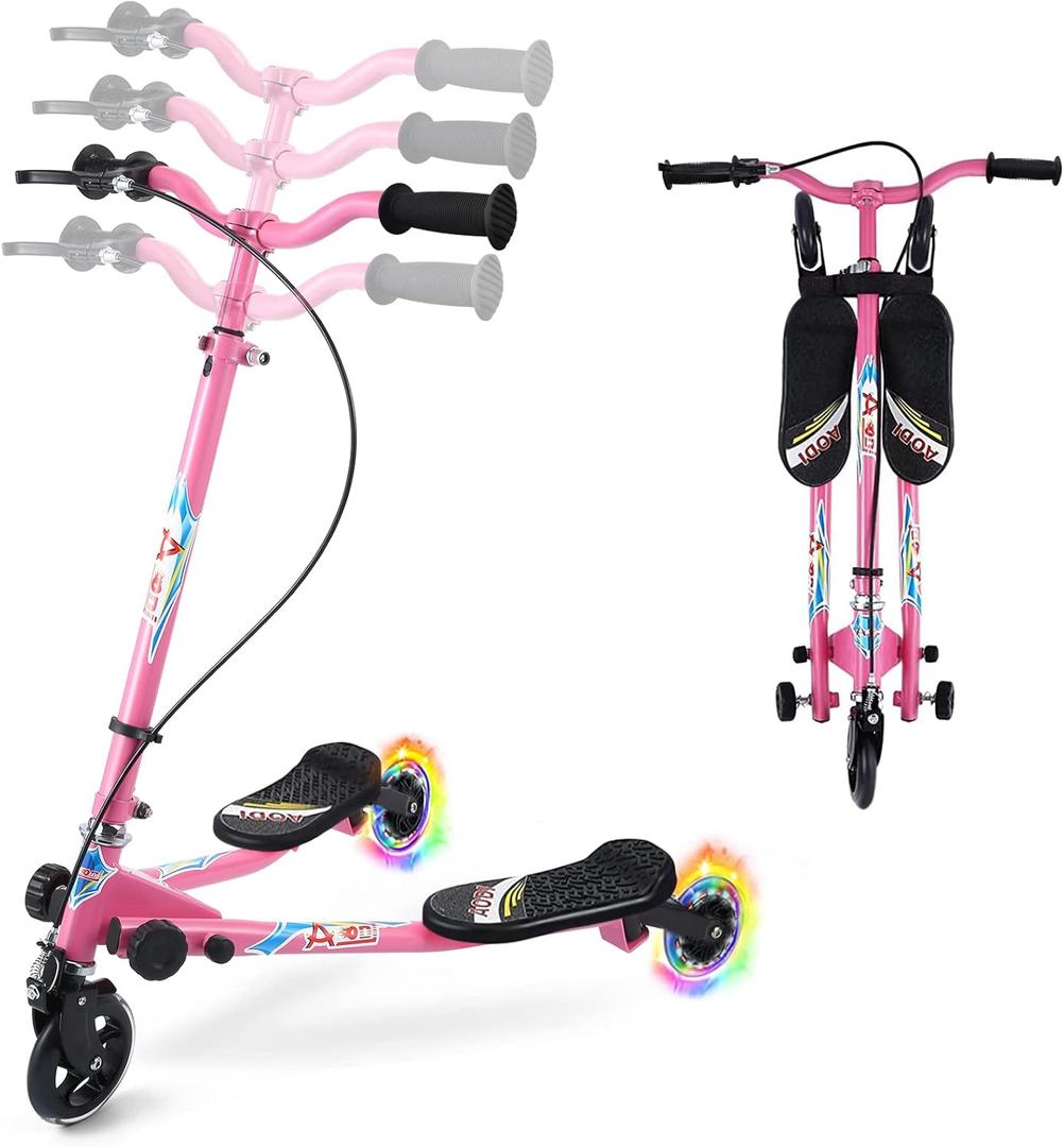 AODI Swing Scooter for Kids, 3 Wheels Foldable Wiggle Kick Scooter Push Drifting with 4 Adjustable Handlebar & 2 Rear LED Wheel for Boys and Girls Ages 3-8 (Pink)