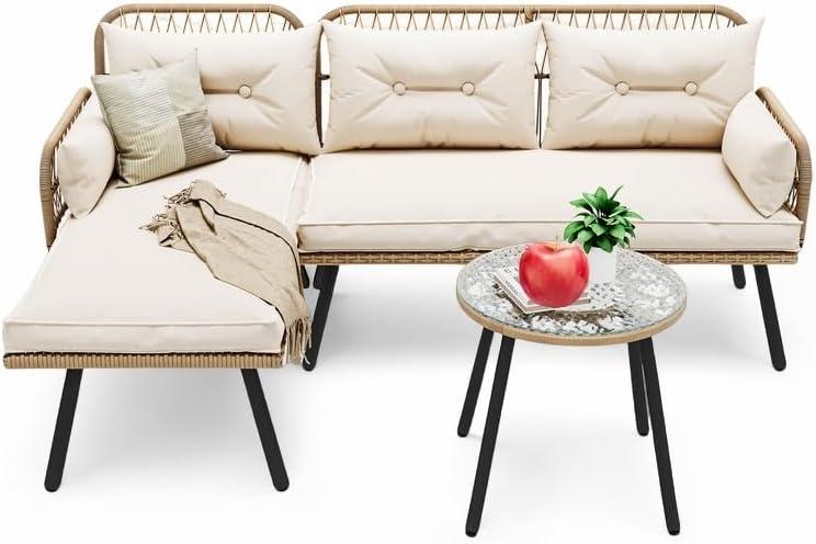 YITAHOME Patio Furniture Set Outdoor Loveseat, Wicker Conversation Set with Thick Cushions & Detachable Lounger, Rattan Sectional Set with Side Table for Backyard, Porch, Deck, Patio, Beige