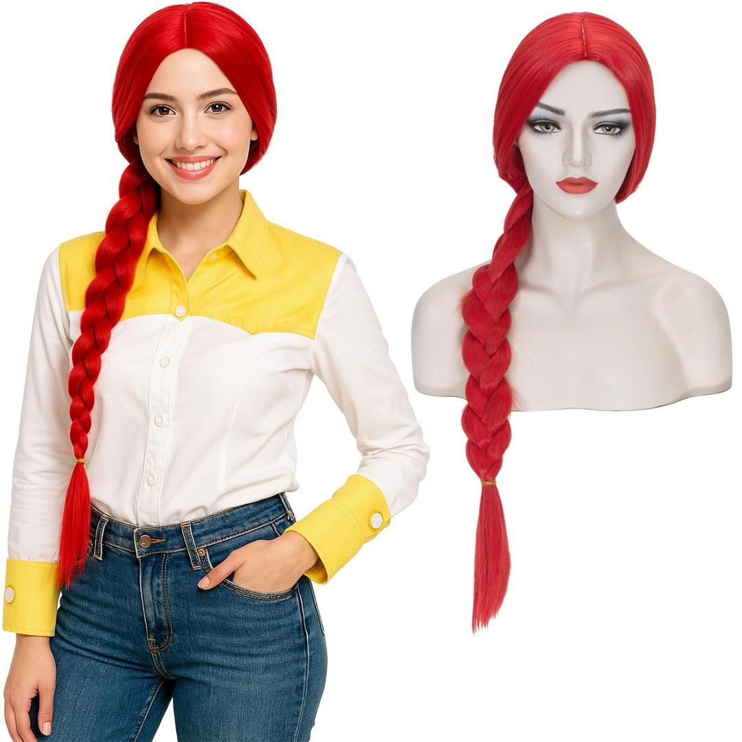 Long Red Wig with Braids for Women Cowgirl Cosplay Costume Braided Wig Straight Middle Part No Bangs Heat Resistant Hot Red Wig Halloween Party with Cap