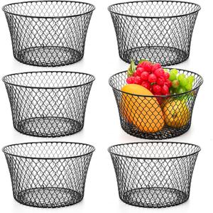 6 Pack Metal Wire Baskets for Kitchen Storage, Modern Black Countertop Fruit Bowl, Round Produce Organizer, Multi-Purpose for Fruits, Snacks, Breads