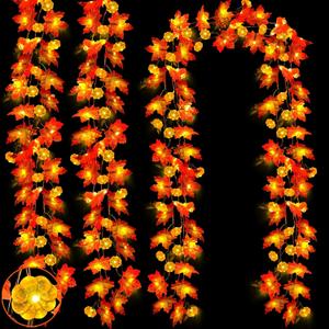 3Pack&Timer-Thanksgiving Decorations Fall Garland with Pumpkin Lights for Home,30Ft 60LED Thanksgiving Garland Lights Patented Enlarged Maples Leaf Battery Operated Indoor Outdoor Fall Christmas Decor