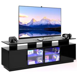 70 Inch Black TV Stand for Living Room, LED Entertainment Center for Gaming, Modern TV Cabinet Console, Transparent Glass Door Storage Cabinet