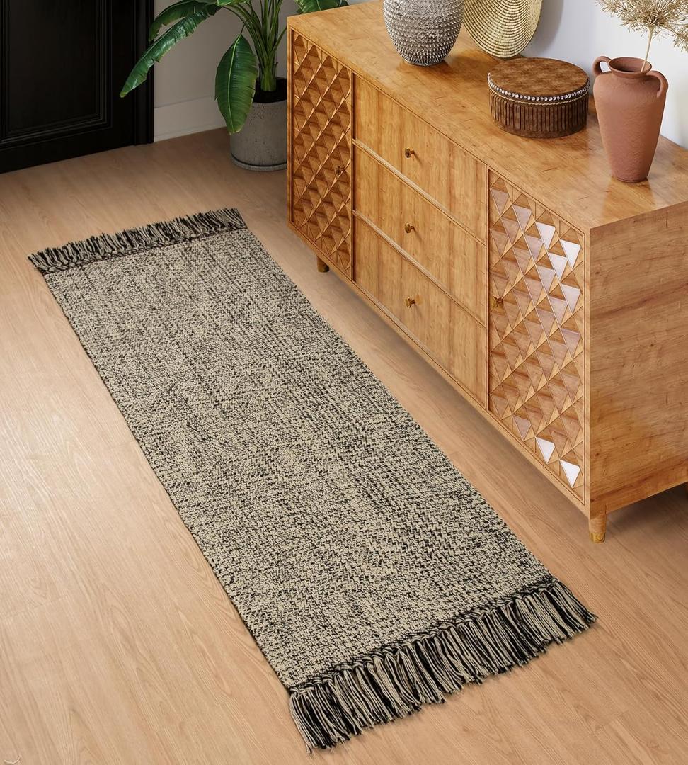 Collive Hallway Runner Rug, 2x5 Washable Natural/Black Modern Entryway Runner Rug Hand-Woven Cotton Boho Kitchen Runner Rugs for Bedroom Laundry Room Rug Front Door Farmhouse Bathroom Rug Outdoor