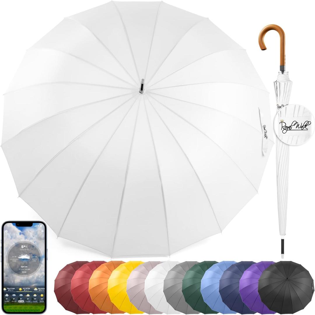 Royal Walk Windproof Large Umbrella for Rain 54 Inch Automatic Open for 2 Persons Wind Resistant Big Golf Umbrellas for Adult Men Women Classic Wooden Handle Fast Drying Strong 16 Ribs Travel 120cm (White)