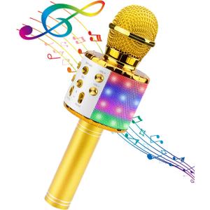 BlueFire 4 in 1 Karaoke Wireless Microphone with LED Lights, Portable Microphone for Kids, Great Gifts Toys for Kids, Girls, Boys and Adults (Gold)