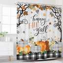 Riyidecor Happy Fall Shower Curtain for Bathroom Decor 60Wx72H Farmhouse Maple Leaf Pumpkin Floral Autumn Black White Plaid Wooden Rustic Art Printed Fabric Polyester Waterproof 12 Pack Plastic Hooks