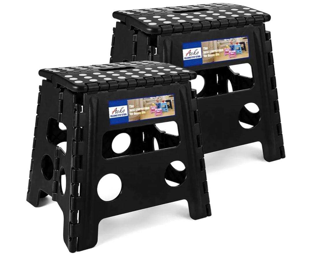 ACKO 2PACK Folding Step Stool - 13" Height Premium Heavy Duty Foldable Stool for Kids and Adults, Kitchen Garden Bathroom Stepping Stool (Black, 2PACK)