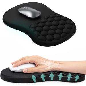 Ergonomic Mouse Pad with Wrist Support & Massage Design  Memory Foam Cushion, Non-Slip PU Base  Carpal Tunnel Pain Relief for Wireless Mouse & Desk Use  12x8 Inch (Black)